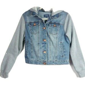 Juniors Ci Sono Hooded Jean Jacket Size Lg Blue Distressed Removable Hood